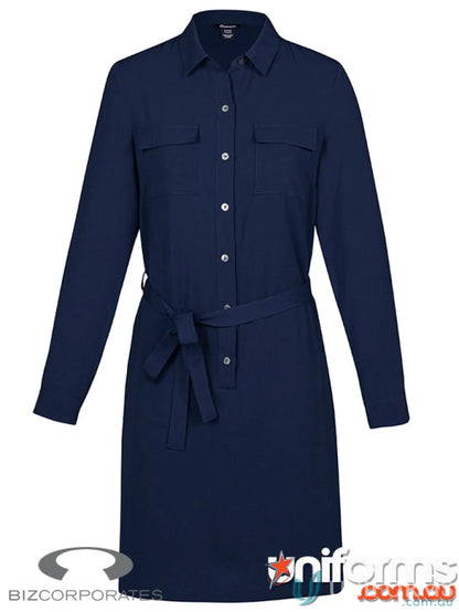 Navy blue Chloe Georgette Shirt Dress with belt, stylish georgette shirt dress with wicking tech