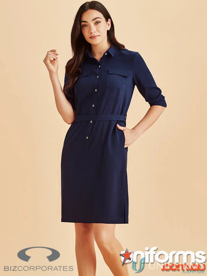 Navy blue belt dress, Chloe Georgette Shirt Dress with wicking tech, perfect for summer
