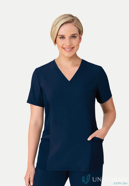 Blonde woman in navy blue City Active Healthcare Top with pockets, perfect workwear