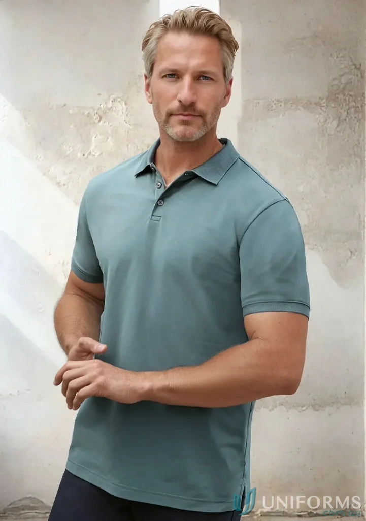 Men’s short sleeve polo in muted teal for City Polo p105ms product shot