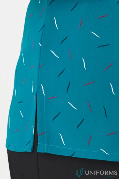 Teal City Stretch Spot Drift Print Tunic with white, red, dark blue wavy lines and side slit