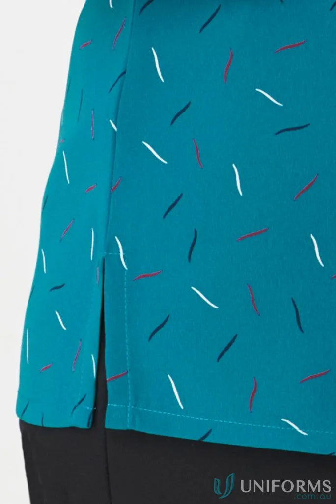 Teal City Stretch Spot Drift Print Tunic with white, red, dark blue wavy lines and side slit