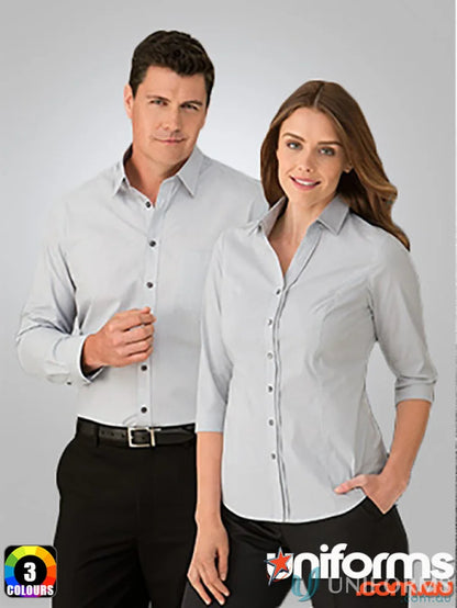 Two models showing light grey City Stretch Ladies women’s 3Qtr Pinfeather shirts