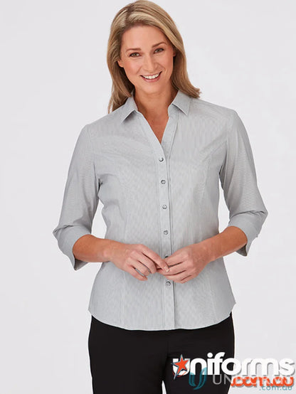 City Stretch Ladies women’s 3Qtr Pinfeather light grey pinstriped shirt