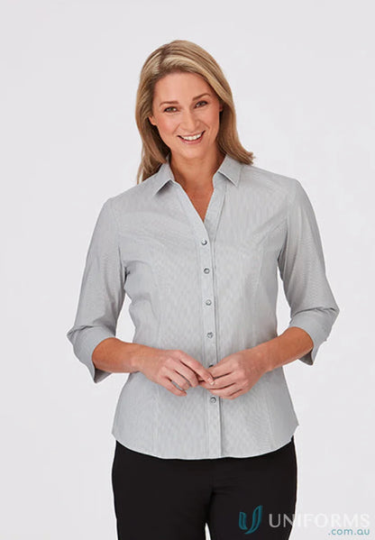 Women’s light gray City Stretch Ladies 3Qtr Pinfeather shirt with three-quarter sleeves