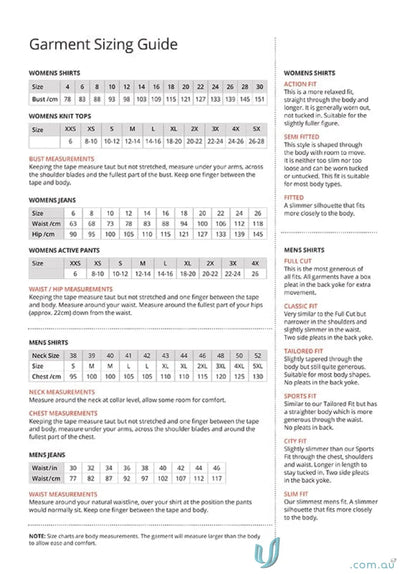 City Stretch Ladies SS Pinfeather clothing size guide with detailed measurements