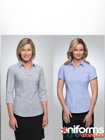 Two women showing off stylish City Stretch Ladies SS Pinfeather professional shirts