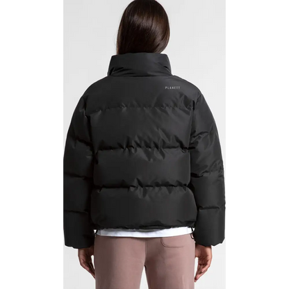 Black Claire Puffer Jacket with high collar and sleeve logo