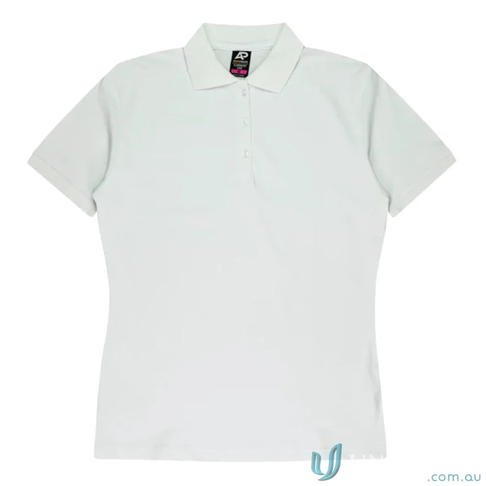 Plain white Claremont Lady Polo with knitted collar, ideal for uniforms and workwear