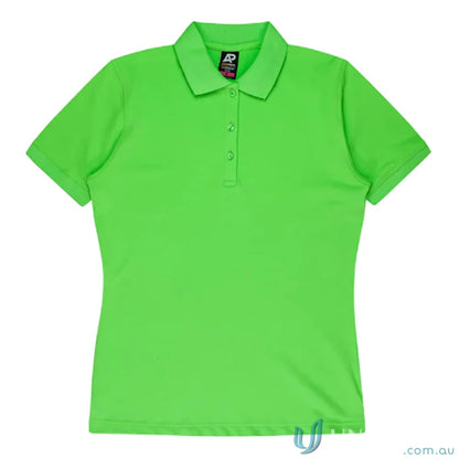 Claremont Lady Polo in lime green with knitted collar, perfect workwear or uniforms