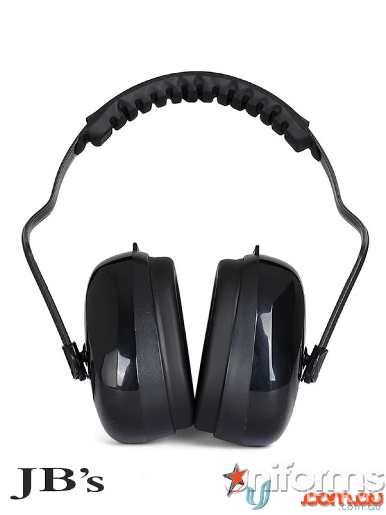Black ear muffs with padded headband for work uniforms and safety gear