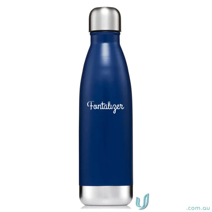 Blue metal water bottle made of double-walled stainless steel for hot and cold drinks