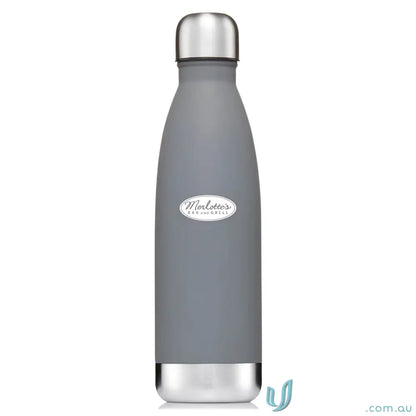 Gray metal water bottle made from double-walled stainless steel for insulations