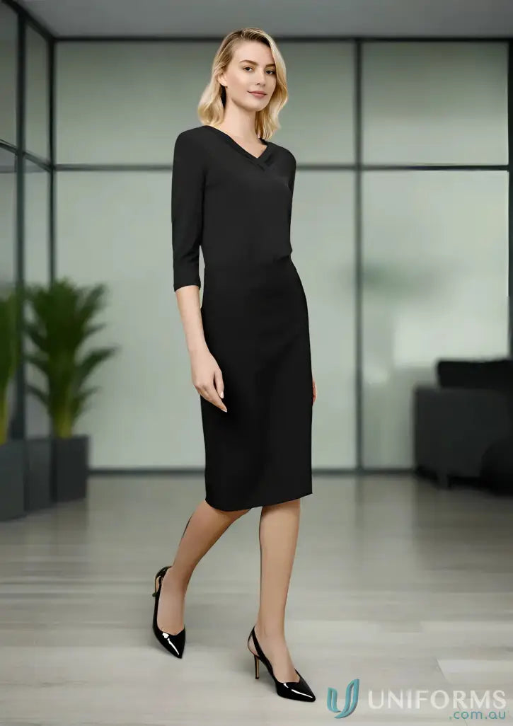 Black V-neck midi dress showcasing sleek silhouette from Biz Collection Womens knee skirt