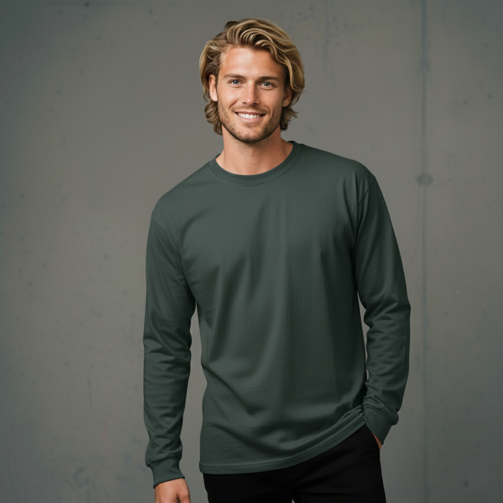 Green long-sleeved crew neck t-shirt with ribbed cuffs and hem, made of cotton.
