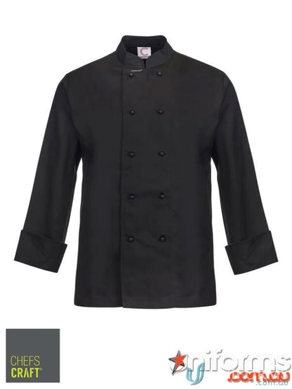 Black chef’s jacket with professional style and matching stud buttons from Chef Jacket Offers