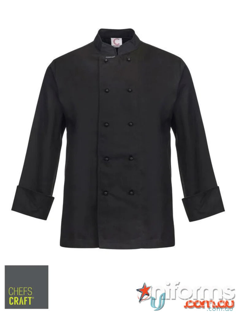 Black chef’s jacket with professional style and matching stud buttons from Chef Jacket Offers