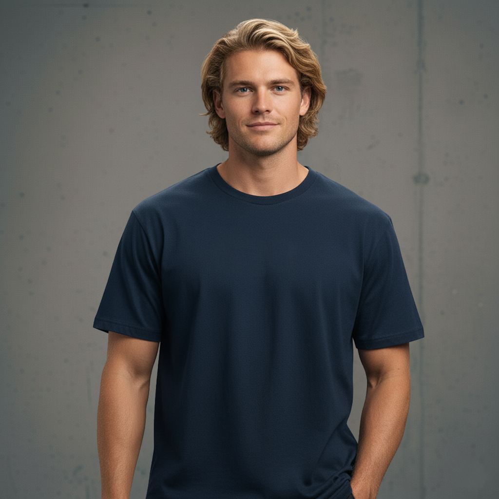 Navy blue crew neck t-shirt with short sleeves and a relaxed fit.