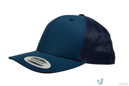 Blue and navy trucker hat from the Classic Retro Wade Trucker Cap collection, perfect for uniforms or workwear