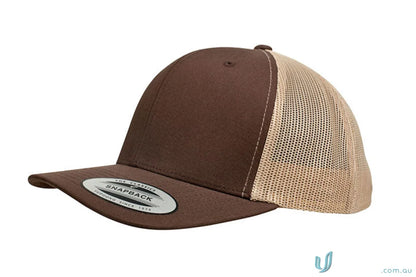Brown and tan trucker hat from Classic Retro Wade Trucker Cap perfect for uniforms or workwear