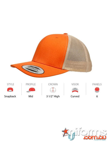 Orange and tan snapback trucker hat from Classic Retro Wade Trucker Cap, perfect for uniforms and workwear