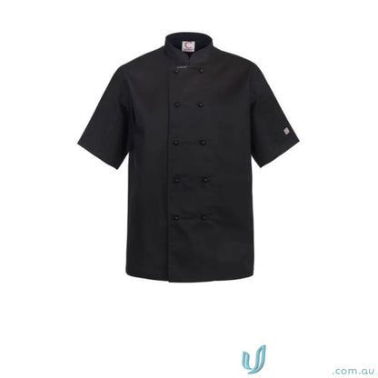 Black short-sleeved chef coat with stud buttons for a professional look and staying cool