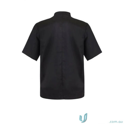 Black short-sleeved mandarin collar shirt with stud buttons for a professional look and stay cool