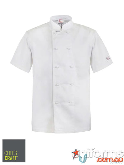 White short-sleeved Chef’s Jacket with stud buttons for a professional look and stay cool comfort