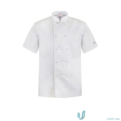 White short-sleeved chef’s coat with stud buttons for a professional look and staying cool