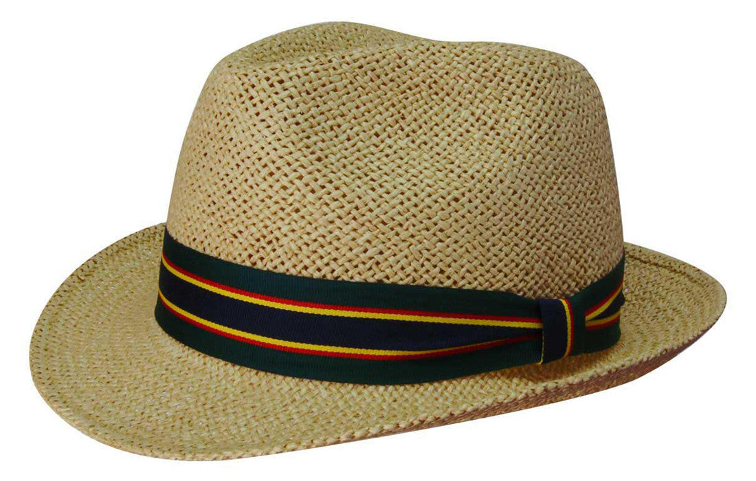 Beige woven straw fedora hat with colorful striped band, stock Fedora Style String Straw