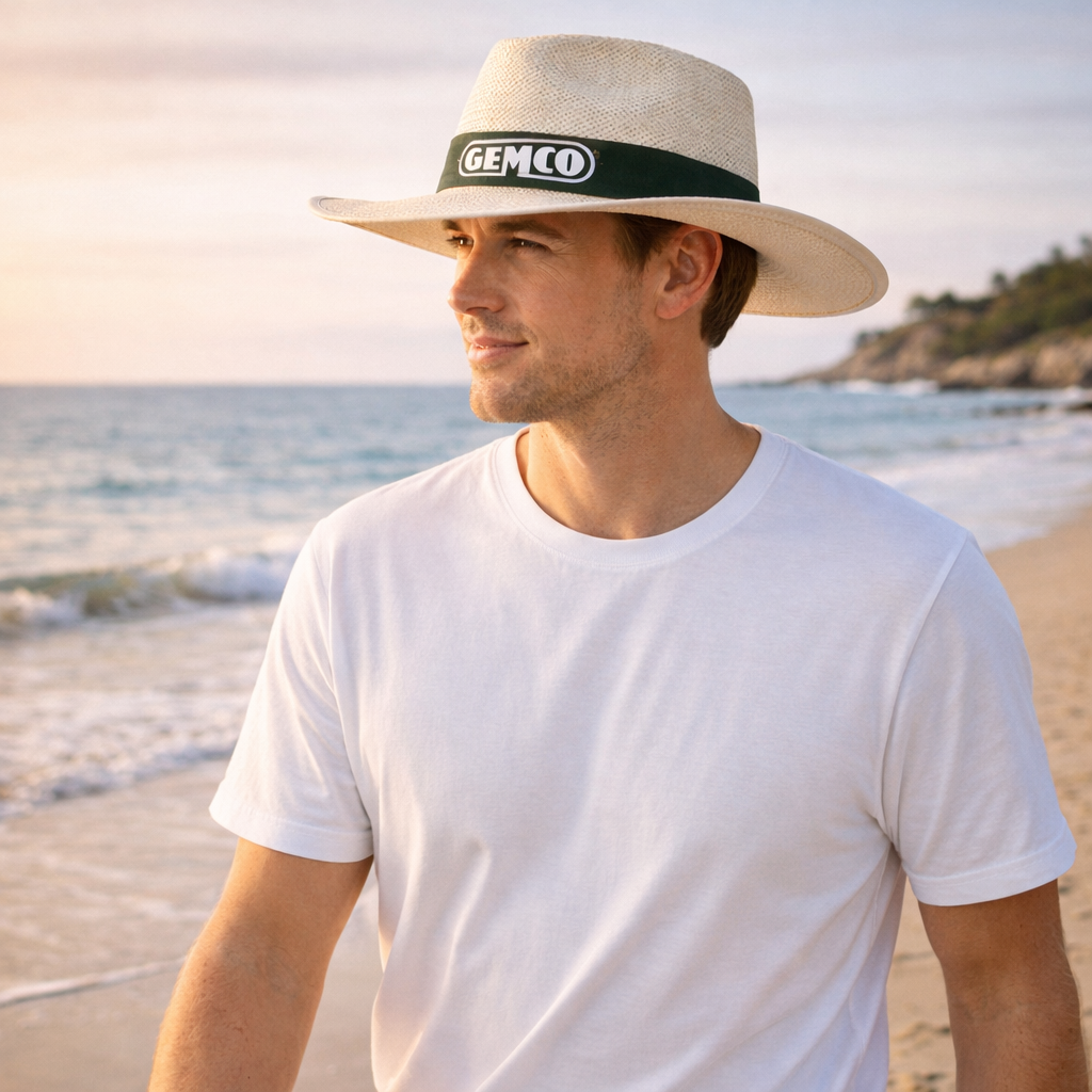 Classic beige string straw hat with Gemco imprint green band, 58 centimeter stock