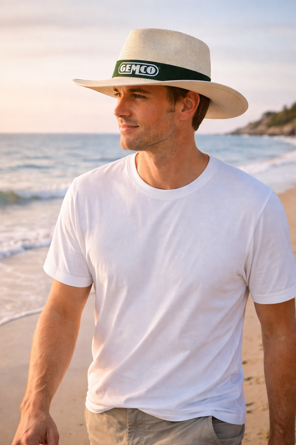 Classic beige straw fedora with Gemco logo imprint on green band