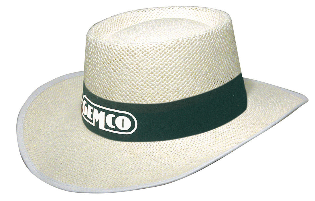 Classic style string straw hat with cream weave, green band, Gemco imprint