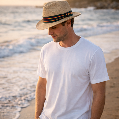 Classic Style String Straw light beige fedora with navy orange green striped band