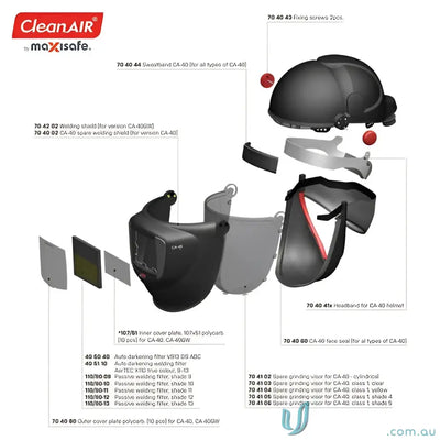 Exploded view of CleanAir Helmet CA-40GW with NZS safety visor and industrial gear