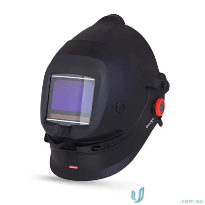 Black welding helmet with shade range for comfortable workwear and safety uniforms