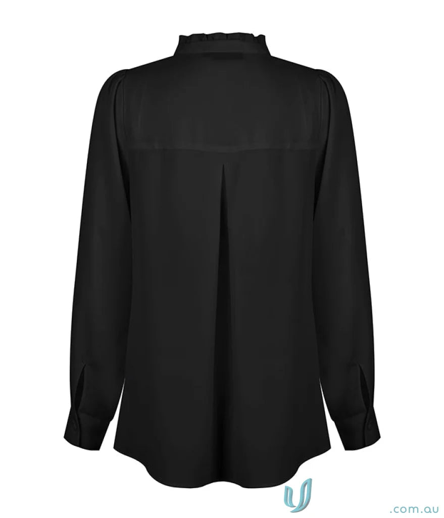 Black Bailey blouse with ruffled collar for elegant style