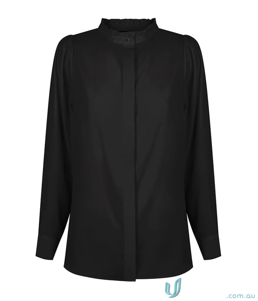 Black Bailey blouse with ruffled collar, perfect for a touch of elegance