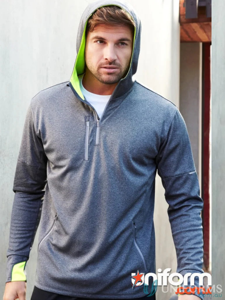 Gray hooded athletic pullover from CLEARANCE Biz Collection Pace Hoodie with fluoro hood lining