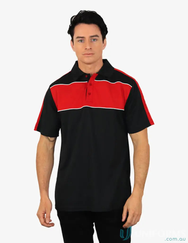 Chesty Polo black and red shirt with cooldry moisture management tech and chest panel