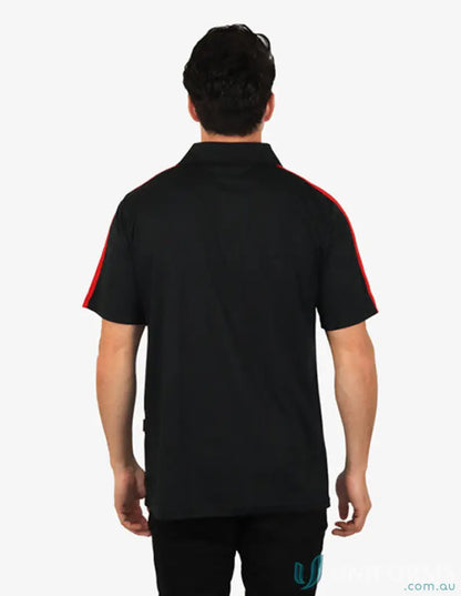 Chesty Polo black polo with red stripes featuring cooldry moisture management tech