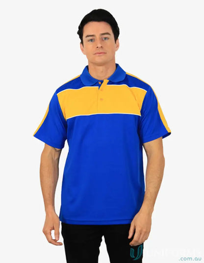 Blue and yellow Chesty Polo with cooldry moisture management tech and chest panel style