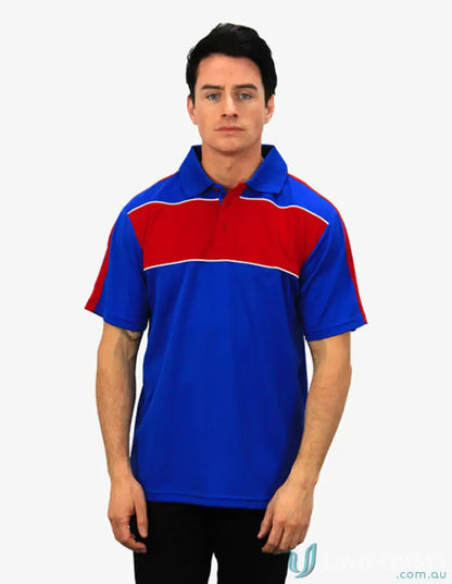 Blue and red Chesty Polo shirt with cooldry moisture management and chest panel tech