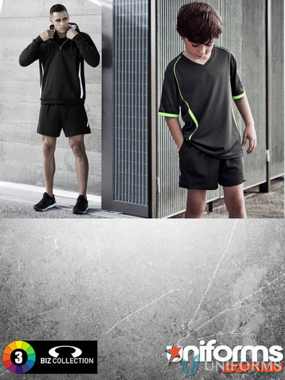 Black athletic shorts with silver reflective trims and concealed zip pocket for kids