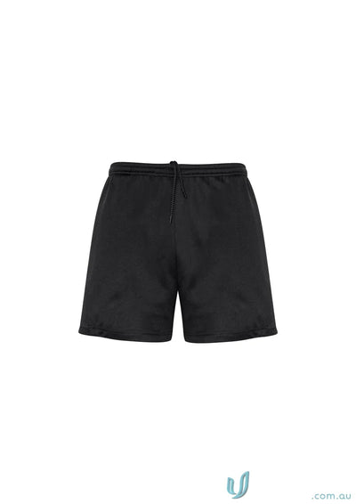 Black athletic shorts with elastic waist and drawstring, lightweight knit fabric, silver reflective trims, concealed zip pocket for kids