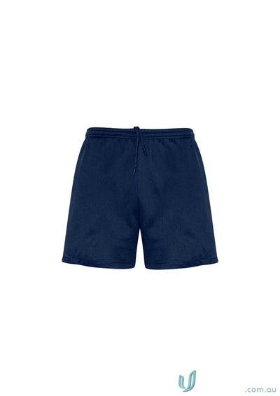 Navy blue athletic shorts with drawstring, silver reflective trims, lightweight knit fabric