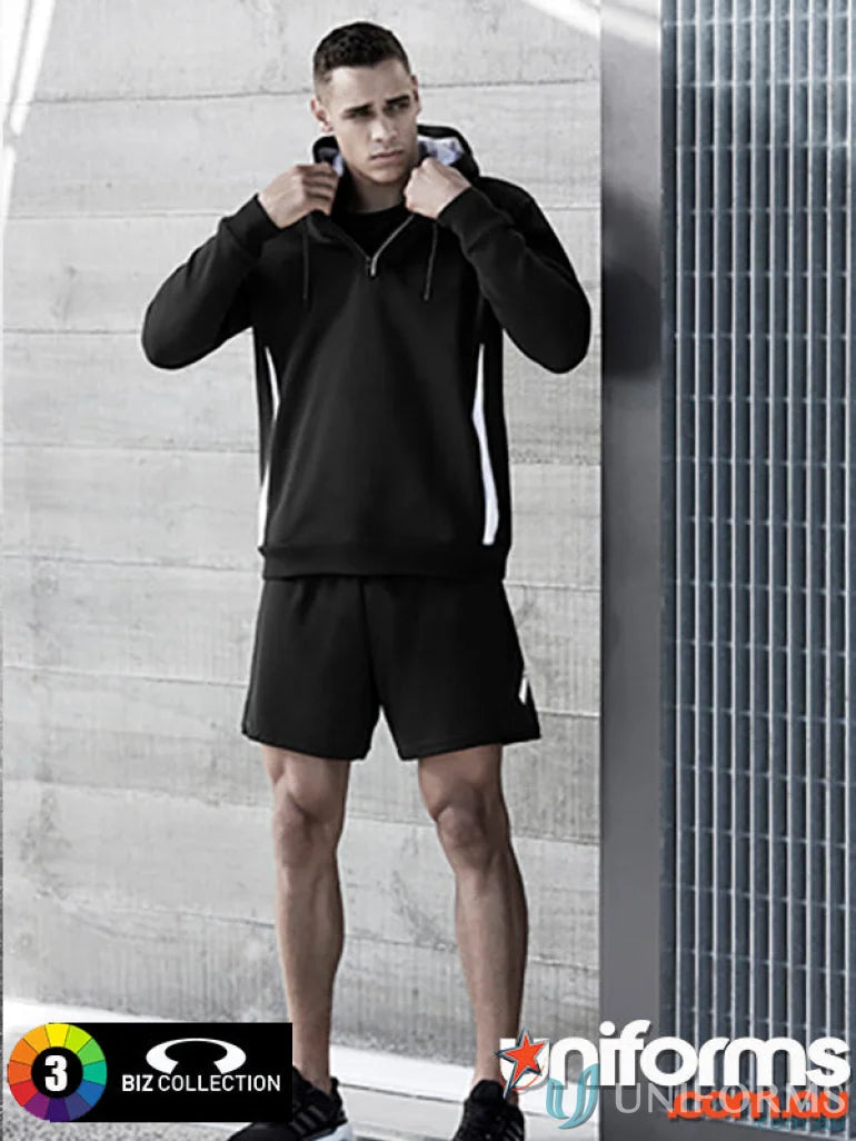 Black men’s hooded sweatshirt with half-zip, white stripes, paired with Circuit Short ST711M with silver reflective trims and concealed zip pocket