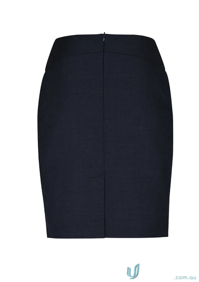 Dark navy womens comfort wool stretch chevron band skirt with back zipper and slit