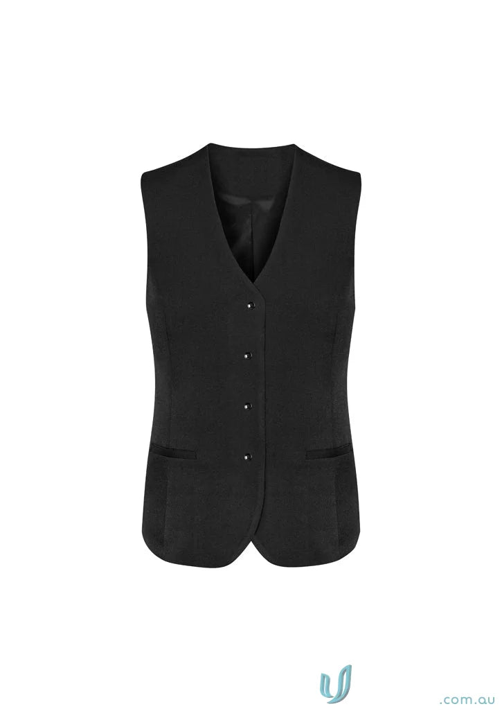 Black sleeveless wool peaked vest with V-neck and buttons from Clearance Comfort Wool