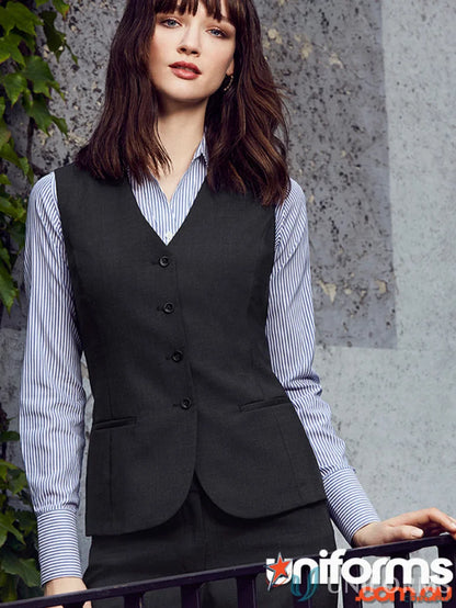 Woman wearing a black wool peaked vest over a blue and white striped shirt at clearance comfort wool sale